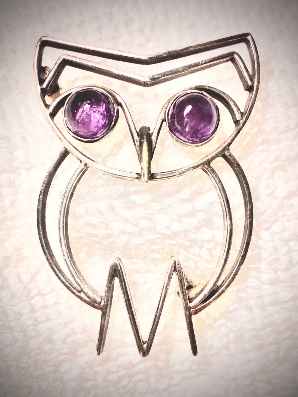 Sterling Silver Owl Brooch with Purple Cabochon Eyes